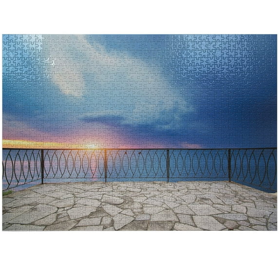 Ambesonne Seascape Jigsaw Puzzle Durable Cardboard, Balcony View Landscape, 1000 pcs, Pale Blue White