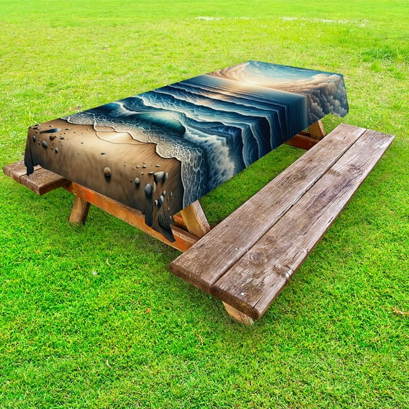 Ambesonne Seascape Outdoor Tablecloth, Fish Eye Effect Oceanic, 58"x84", Blue Pale Brown