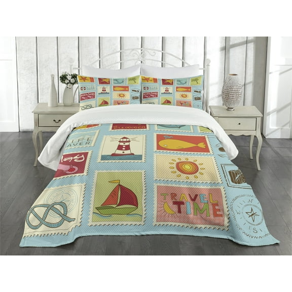 Ambesonne Seascape Quilted Bedspread Set 3 Pcs, Nautical Theme Anchor, Queen Size, Multicolor
