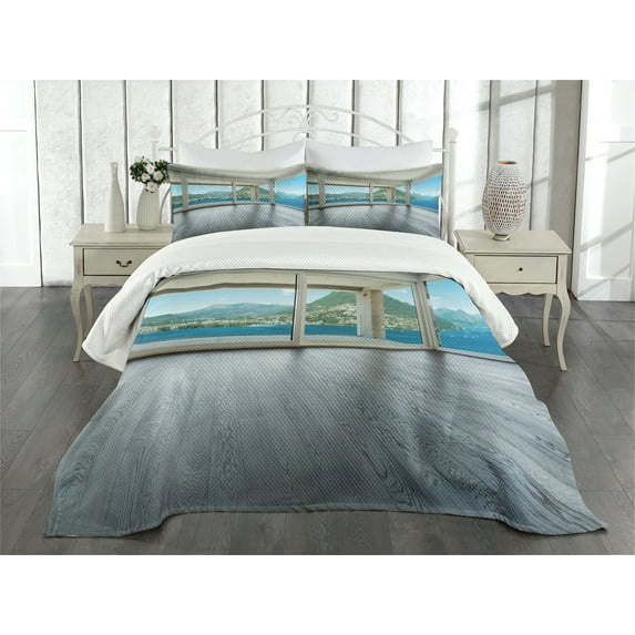 Ambesonne Seascape Quilted Bedspread Set 3 Pcs, Ocean Forest Apartment, King Size, Forest Green White