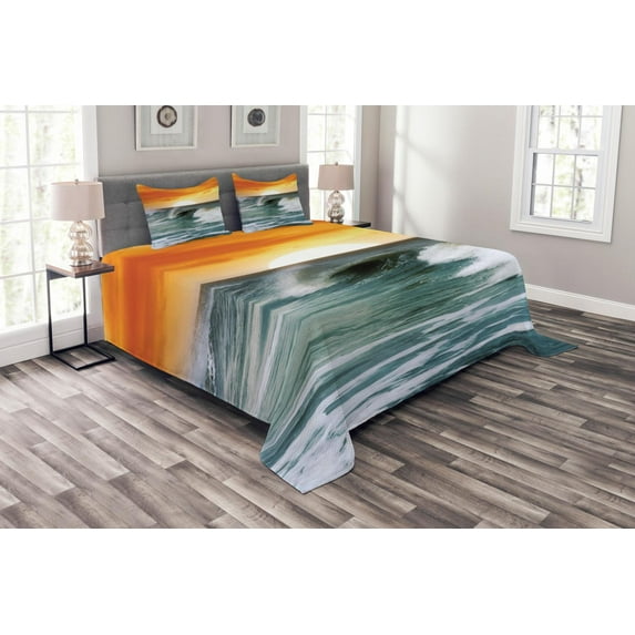 Ambesonne Seascape Quilted Bedspread Set 3 Pcs, Sunset over Wavy Ocean, King Size, Multicolor