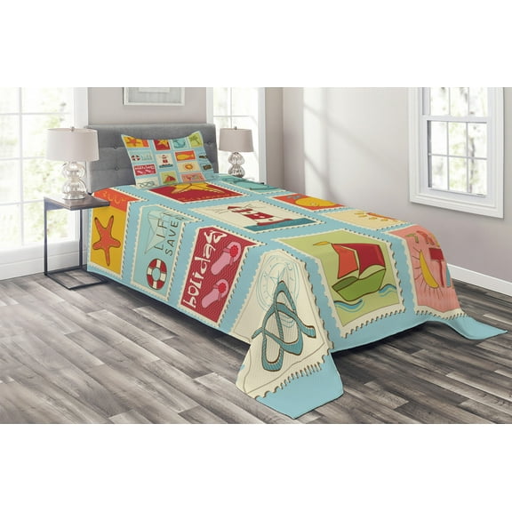 Ambesonne Seascape Quilted Coverlet 2 Pcs, Nautical Theme Anchor, Twin Size, Multicolor