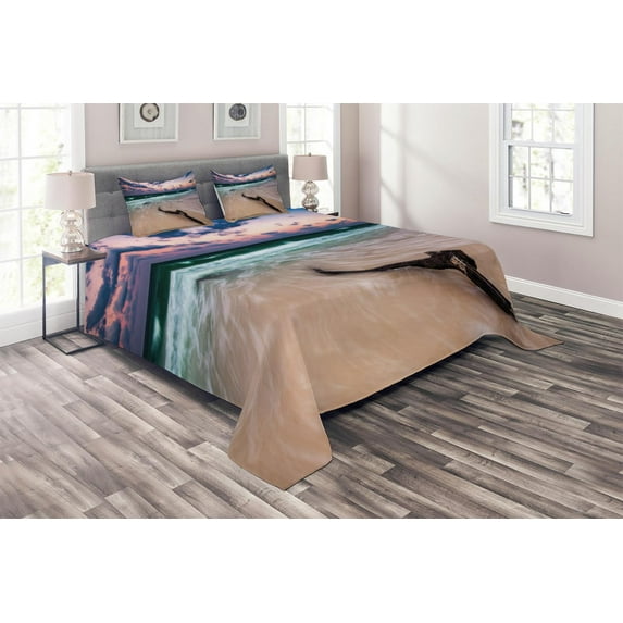 Ambesonne Seascape Quilted Coverlet 3 Pcs, Driftwood on Beach, Queen Size, Sand Brown Apricot