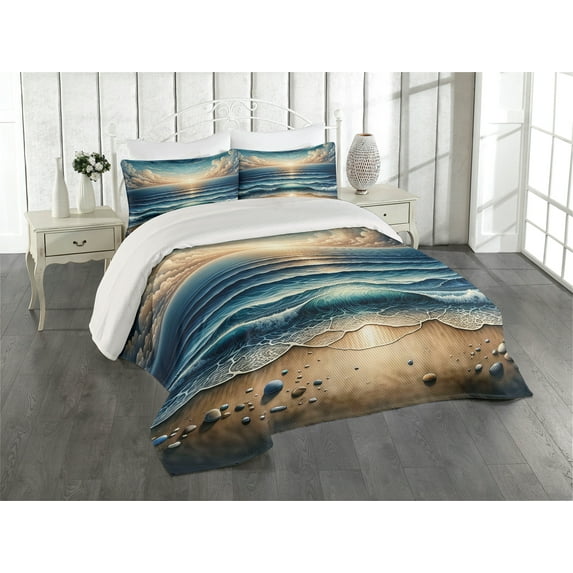 Ambesonne Seascape Quilted Coverlet 3 Pcs, Fish Eye Effect Oceanic, King Size, Blue Pale Brown