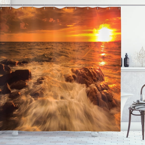 Ambesonne Seascape Shower Curtain, Ocean with Rocks at Sunset, 69"Wx70"L, Orange and Amber