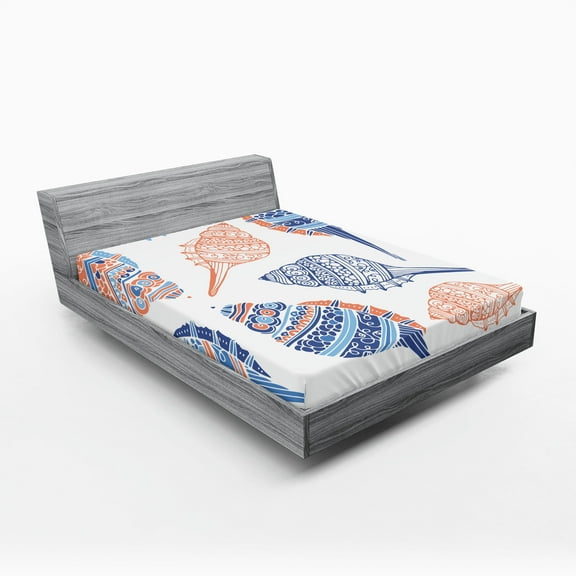 Ambesonne Seashell Fitted Sheet, Maritime Sealife Sea, Queen Size, Blue White Pale Orange