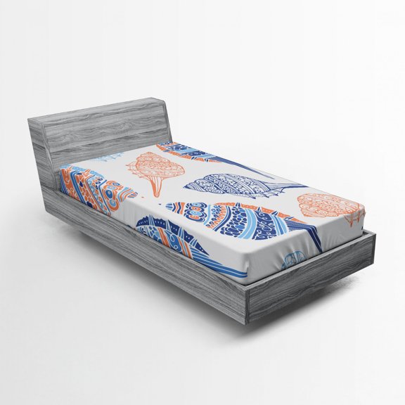 Ambesonne Seashell Fitted Sheet, Maritime Sealife Sea, Twin Size, Blue White Pale Orange
