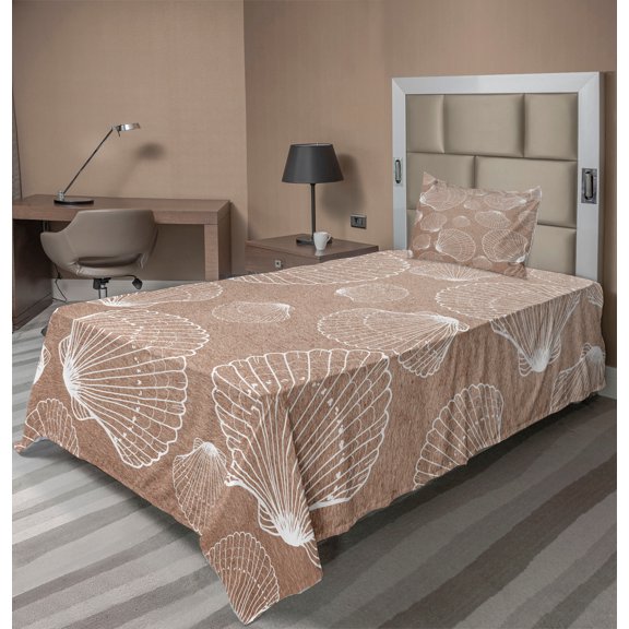 Ambesonne Seashell Fitted & Top Sheet Set with Sham, Hand Drawn Shells, Pale Brown White