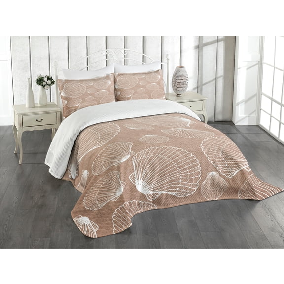Ambesonne Seashell Quilted Bedspread Set 3 Pcs, Hand Drawn Shells, King Size, Pale Brown White