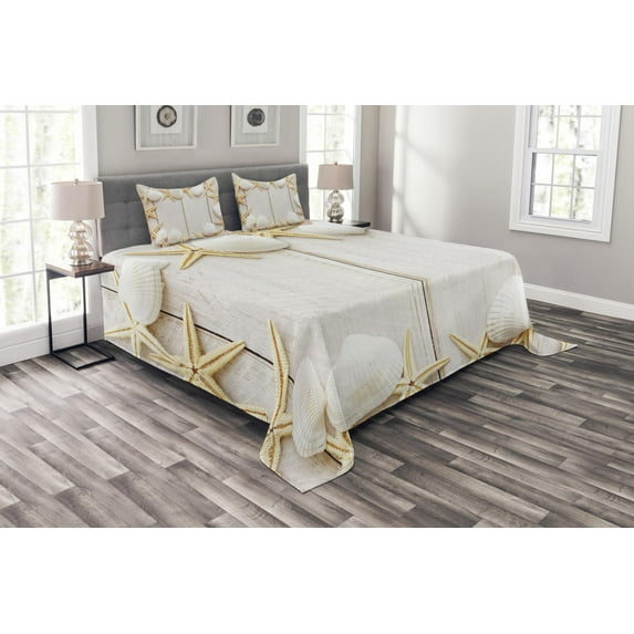 Ambesonne Seashell Quilted Bedspread Set 3 Pcs, Rustic Wooden Backdrop, Queen Size, Cream and Beige