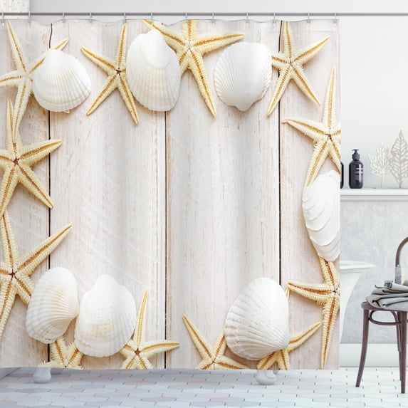 Ambesonne Seashell Shower Curtain, Rustic Wooden Backdrop, 69"Wx75"L, Cream and Beige