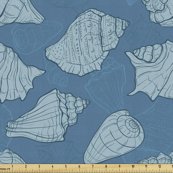 Ambesonne Seashells Fabric by the Yard Upholstery, Nautical Creative Shells, 3 Yards, Dark Turquoise Pale Blue