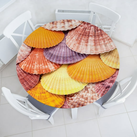 Ambesonne Seashells Fitted Round Tablecloth, Closeup Costal Rustic, 40"- 44" Diameter, Orange Dried Rose Mauve