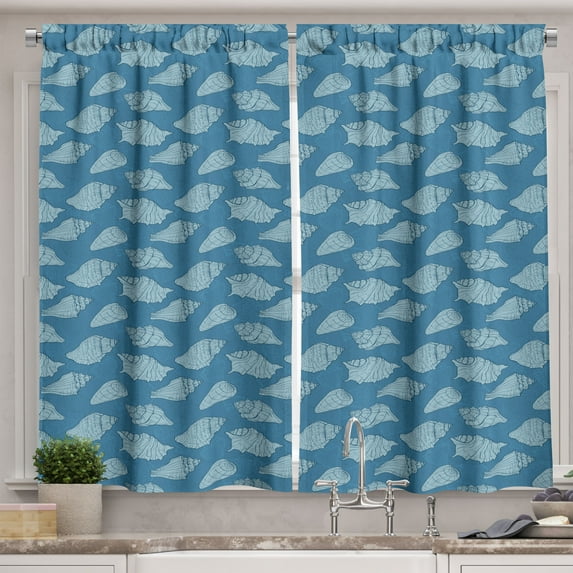 Ambesonne Seashells Kitchen Curtains, Nautical Creative Shells, 55"x45", Dark Turquoise Pale Blue