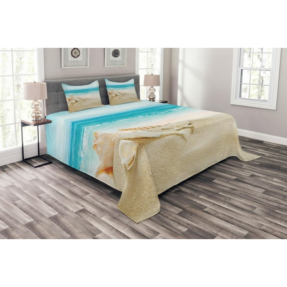 Ambesonne Seashells Quilted Bedspread Set 3 Pcs, Pastel Beach Scene, King Size, Multicolor