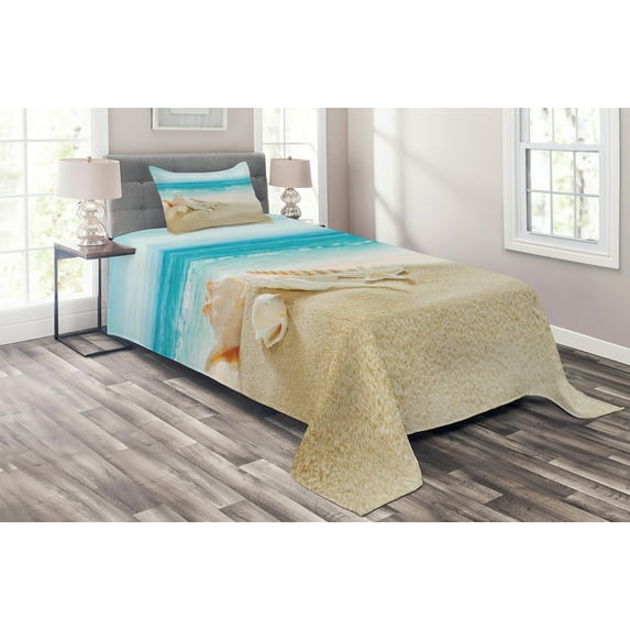 Ambesonne Seashells Quilted Coverlet 2 Pcs, Pastel Beach Scene, Twin Size, Multicolor