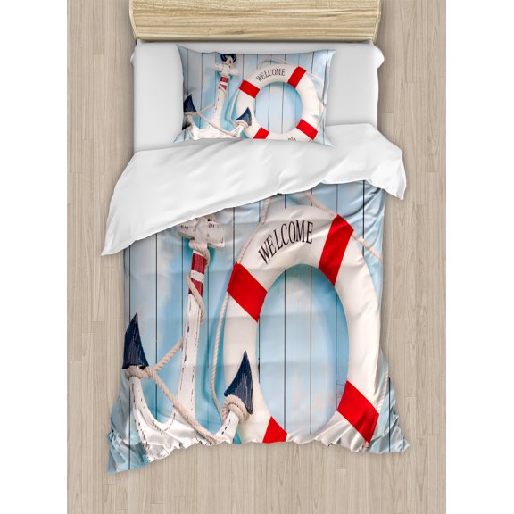 Ambesonne Shabby Duvet Cover Set, Welcome Aboard Sign Anchor, Twin, Red Pale Blue Navy Blue