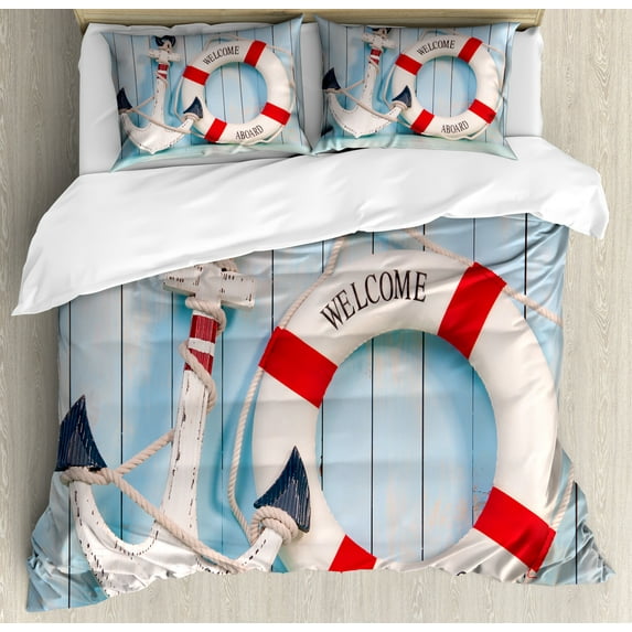 Ambesonne Shabby Duvet Cover Sets, Welcome Aboard Sign Anchor, 2-King, Red Pale Blue Navy Blue