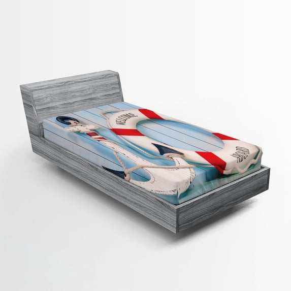 Ambesonne Shabby Fitted Sheet, Welcome Aboard Sign Anchor, Twin Size, Red Pale Blue Navy Blue