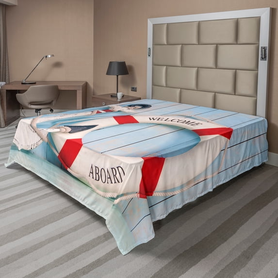 Ambesonne Shabby Flat Sheet, Welcome Aboard Sign Anchor, Full Size, Red Pale Blue Navy Blue