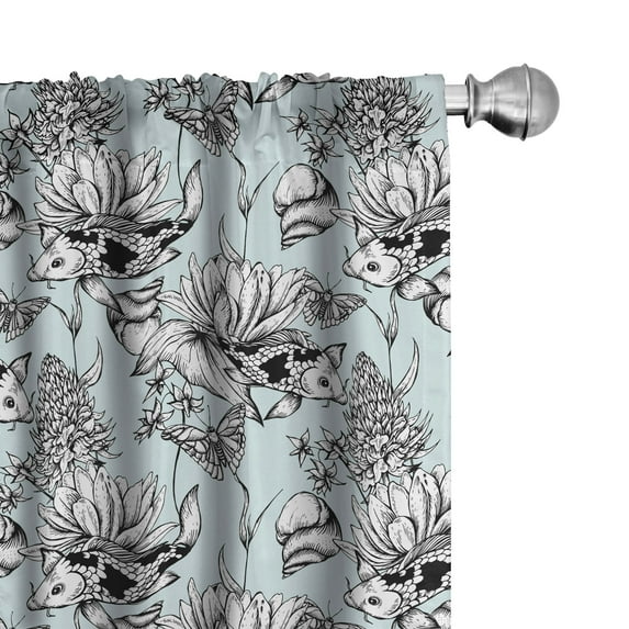 Ambesonne Shabby Flora Window Curtains, Pond Water Flowers, Each 28" W x 63" L, Pale Blue White Black