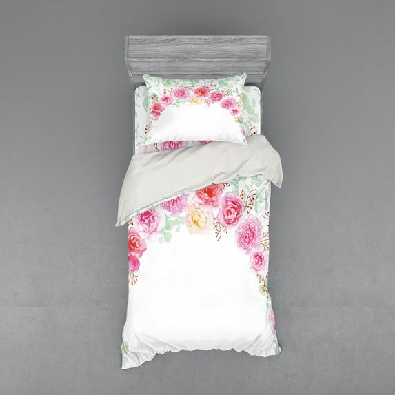 Ambesonne Shabby Flora Bedding Set 3 Pcs, Floral Wreath Peony, Twin XL, Multicolor