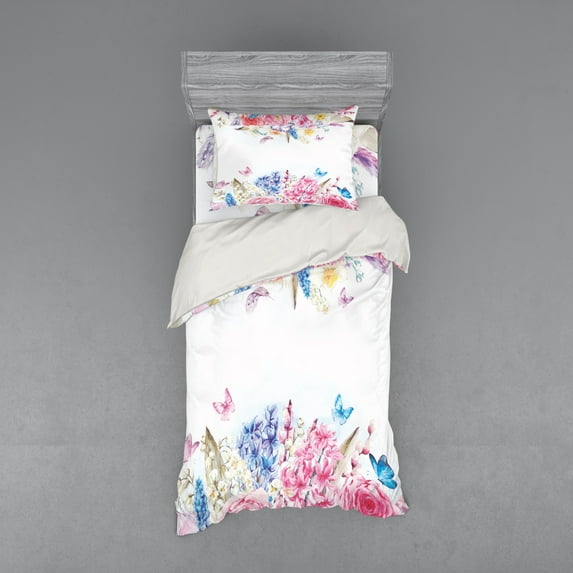 Ambesonne Shabby Flora Bedding Set 3 Pcs, Rose Flower Daisies, Twin, Pale Blue Purple