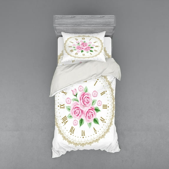 Ambesonne Shabby Flora Bedding Set 3 Pcs, Vintage Clock Roses, Twin, Dark Khaki Pale Pink
