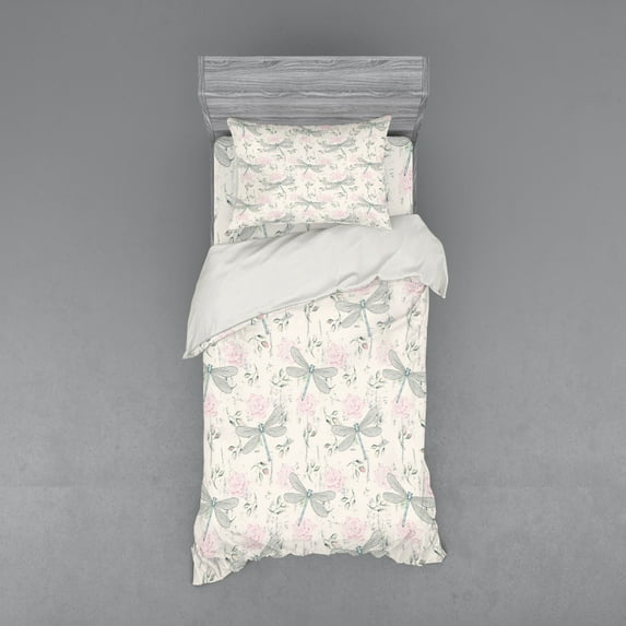 Ambesonne Shabby Flora Bedding Set 3 Pcs, Vintage Dragonfly, Twin XL, Pale Pink Pale Grey