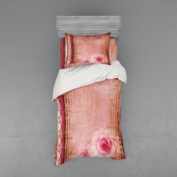 Ambesonne Shabby Flora Bedding Set 3 Pcs, Vintage Frame Roses, Twin XL, Multicolor