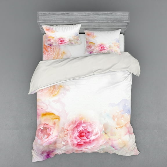 Ambesonne Shabby Flora Bedding Set 4 Pcs, Pale Pink Roses, Queen, Pale Pink Hot Pink