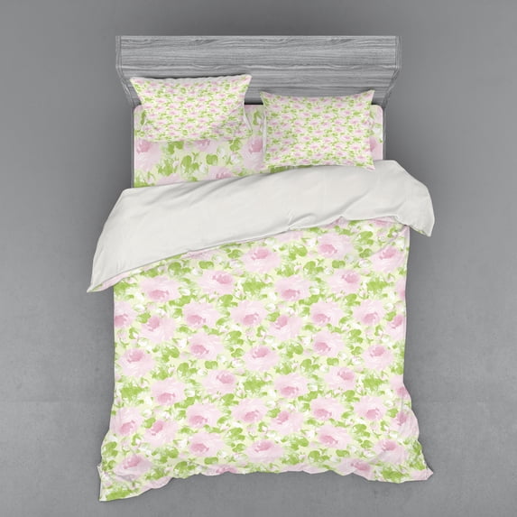 Ambesonne Shabby Flora Bedding Set 4 Pcs, Spring Yard Pastel, Queen, Pale Pink Pale Green