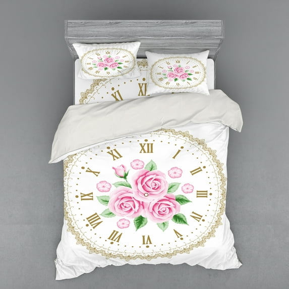 Ambesonne Shabby Flora Bedding Set 4 Pcs, Vintage Clock Roses, Queen, Dark Khaki Pale Pink