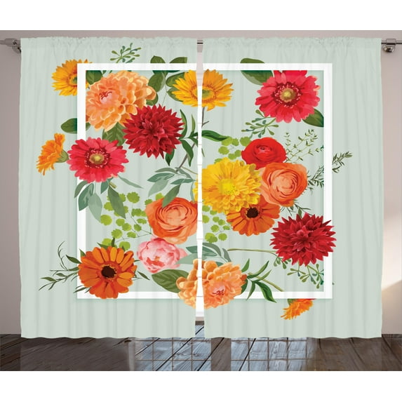 Ambesonne Shabby Flora Curtains 2 Panel Set, Floral Flower Leaf, 108" x 63", Dark Coral Mustard