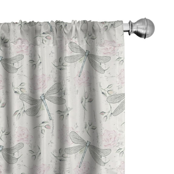 Ambesonne Shabby Flora Curtains, Vintage Dragonfly, Pair of 28"x84", Pale Pink Pale Grey