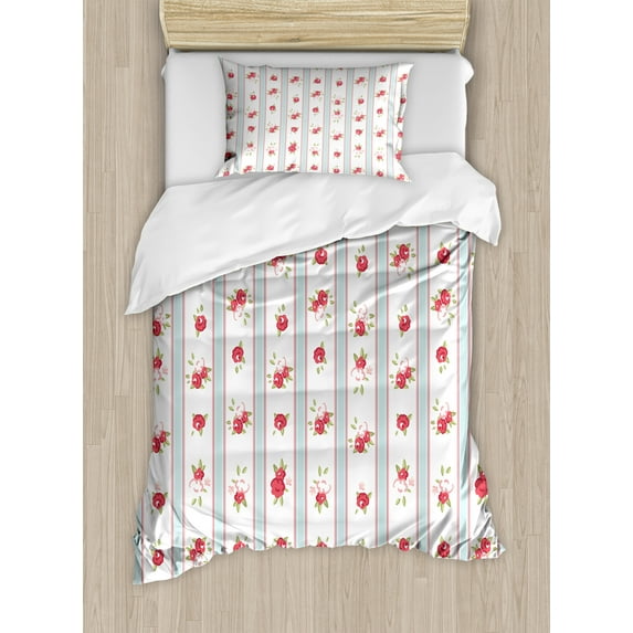 Ambesonne Shabby Flora Duvet Cover Set, Rose Blooms, Twin, Dark Coral Pale Blue