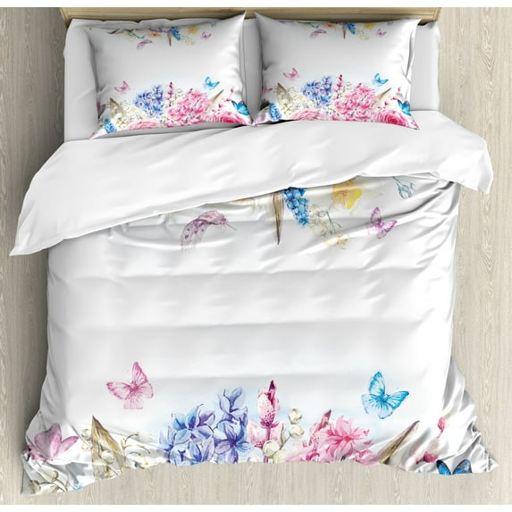 Ambesonne Shabby Flora Duvet Cover Set, Rose Flower Daisies, 2-Calking, Pale Blue Purple