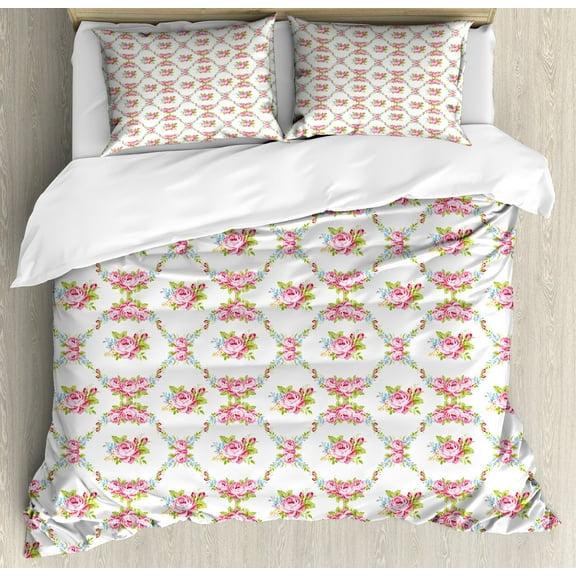 Ambesonne Shabby Flora Duvet Cover Sets, Curvy Borders Roses, 2-Queen, Multicolor
