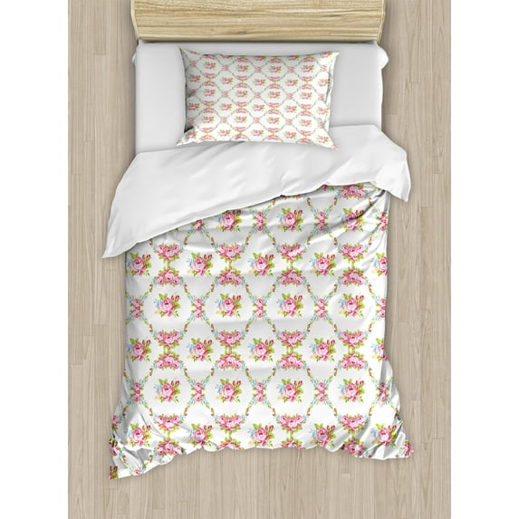 Ambesonne Shabby Flora Duvet Cover Sets, Curvy Borders Roses, 2-Twin, Multicolor