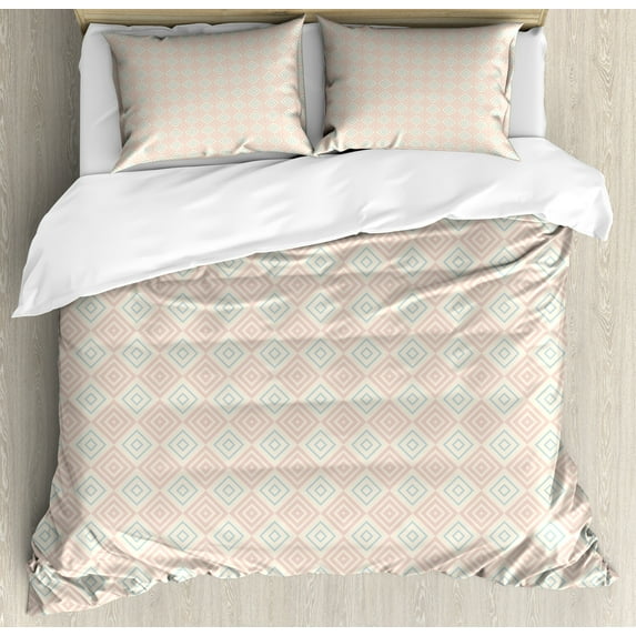 Ambesonne Shabby Flora Duvet Cover Sets, Diamond Line Tile, 2-King, Peach Coral Pale Blue