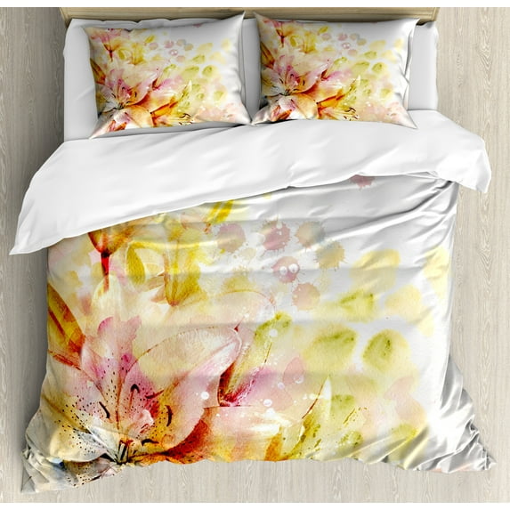 Ambesonne Shabby Flora Duvet Cover Sets, Lilies Flowers Buds, 2-Queen, Pale Pink Peach