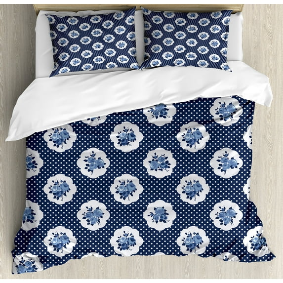 Ambesonne Shabby Flora Duvet Cover Sets, Motifs Dots Flowers, 2-King, Dark Blue White