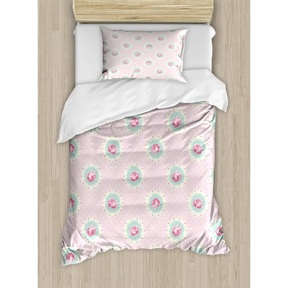 Ambesonne Shabby Flora Duvet Cover Sets, Retro Floral Cabin, 2-Twin, Pale Pink Seafoam White