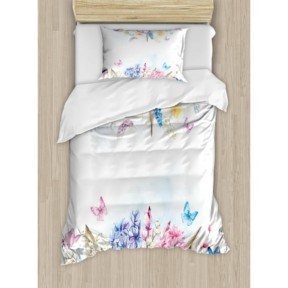 Ambesonne Shabby Flora Duvet Cover Sets, Rose Flower Daisies, 2-Twin, Pale Blue Purple