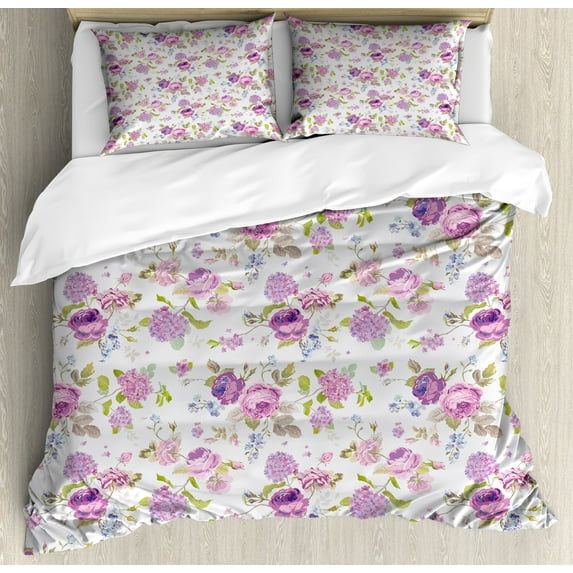 Ambesonne Shabby Flora Duvet Cover Sets, Roses and Violets, 2-Queen, Multicolor