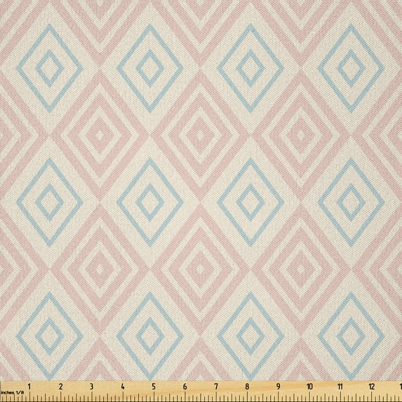 Ambesonne Shabby Flora Fabric by the Yard Microfiber, Diamond Line Tile, 5 Yards, Peach Coral Pale Blue