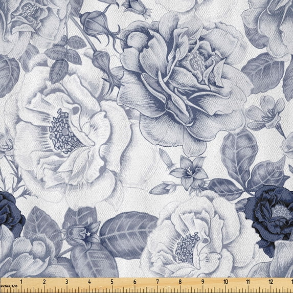 Ambesonne Shabby Flora Fabric by the Yard Microfiber, Garden Spring Roses, 1 Yard, Blue Grey and White