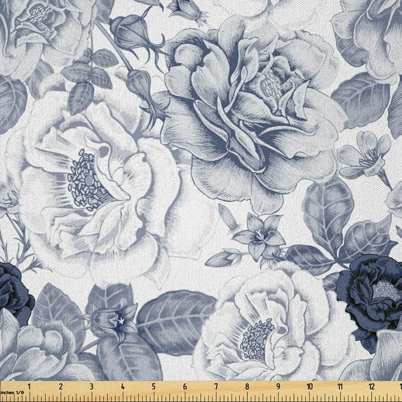 Ambesonne Shabby Flora Fabric by the Yard Microfiber, Garden Spring Roses, 5 Yards, Blue Grey and White