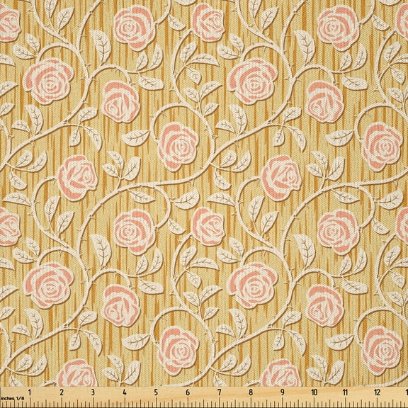 Ambesonne Shabby Flora Fabric by the Yard Microfiber, Romantic Rose Petal, 1 Yard, Pink and Yellow