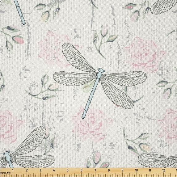 Ambesonne Shabby Flora Fabric by the Yard Microfiber, Vintage Dragonfly, 3 Yards, Pale Pink Pale Grey